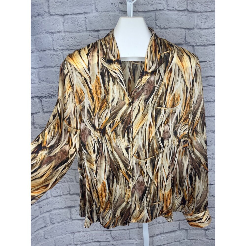 Lafayette 148 Autumn Brown Orange Feather Print V-Neck Silk Blouse Size 12